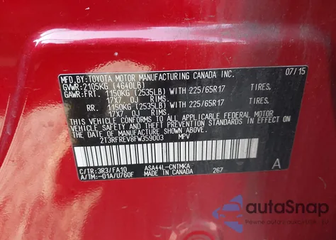 2015 Toyota Rav4 Xle z USA, uszkodzony, nr VIN 2T3RFREV8FW359003